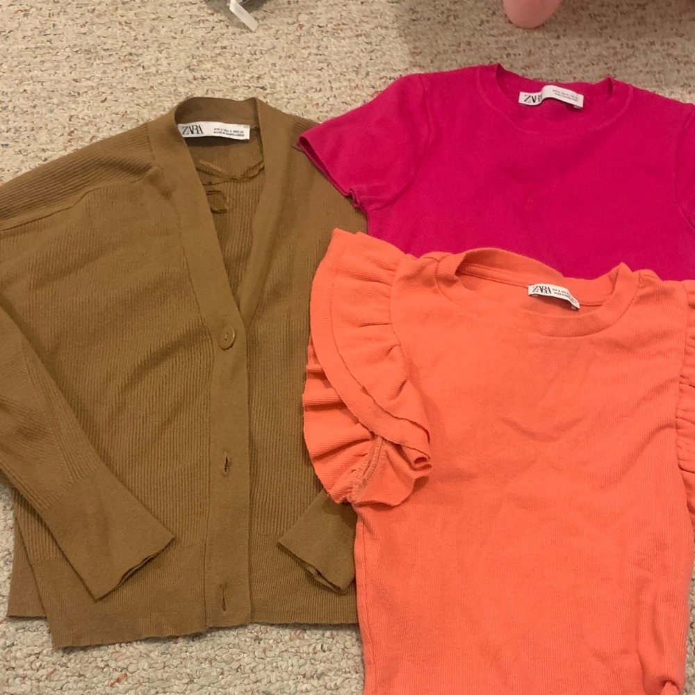 Zara Pink Tee, Orange Ruffle Sleeve Top & Brown Cardigan Set